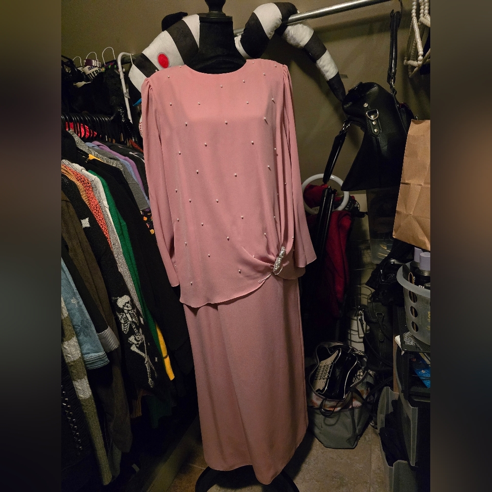 Glatter & Sims Vintage Draped Long Sleeve Pink Dress with Pearls, Est. 2XL